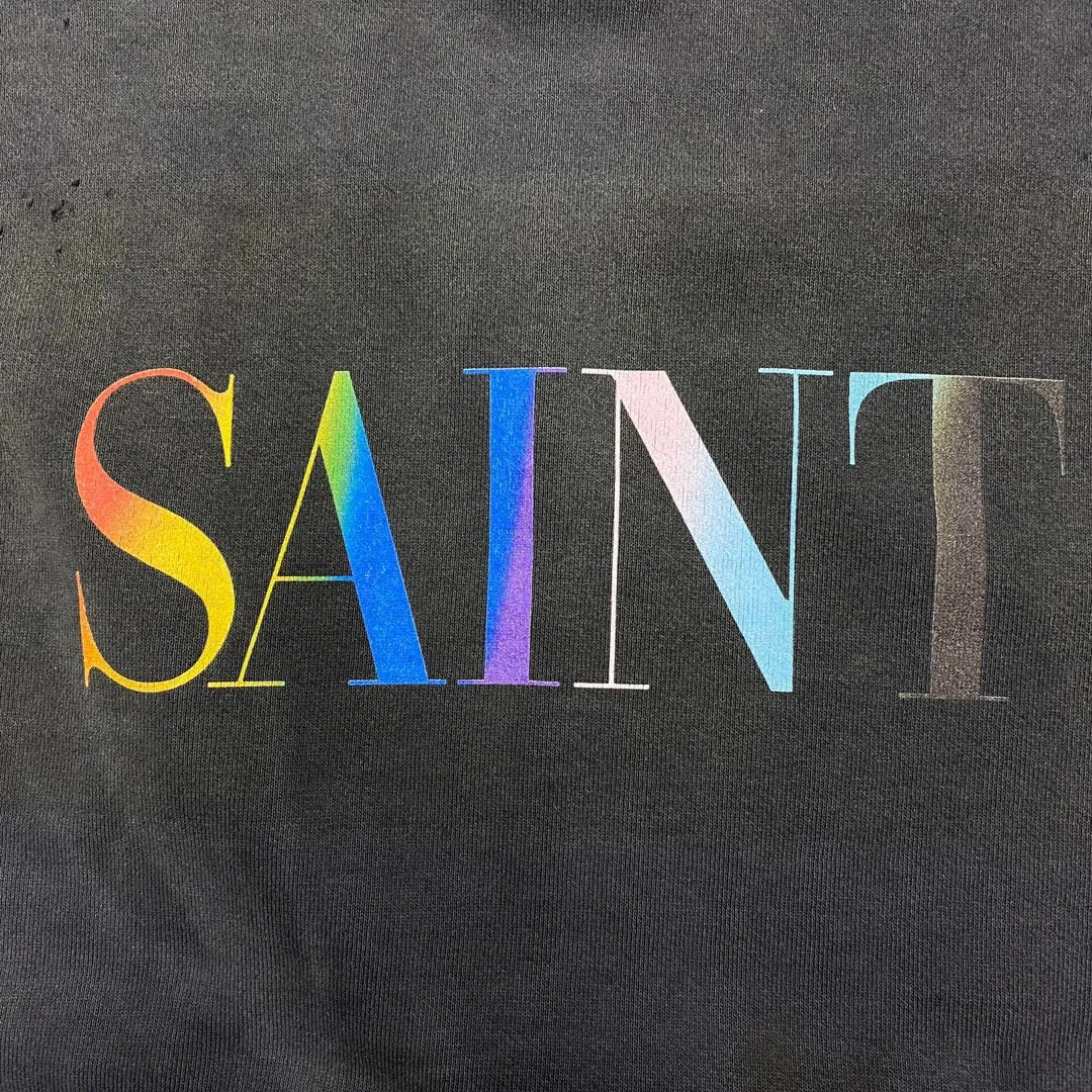 SAINT Mxxxxxx CREW NECK SWT SHIRTS 'RAINBOW SNT'/BLK Rainbow SAINT destruction sweatshirt, washed black S-XL Assute dyeing, genuine whole garment sprayed with horsetail fading process, collar/cuffs frayed in many places, front and rear panels/sleeves super complicated hanging grinding, heavy washing and water discoloration, correct fruit mark/angel mark